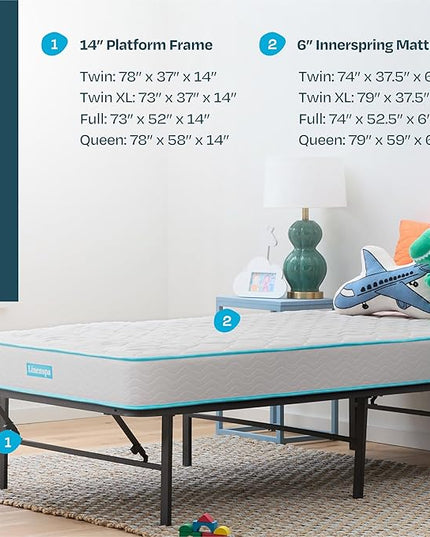 Linenspa 6-Inch Innerspring Mattress - Full + 14-Inch Folding Platform Bed Frame - LeafyLoom