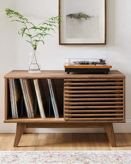 Modway Render Mid-Century Modern Low Profile 59 Inch TV Stand in Walnut & Render Mid-Century Modern 37" Vinyl Record Display Stand in Walnut, 37 Inch - LeafyLoom
