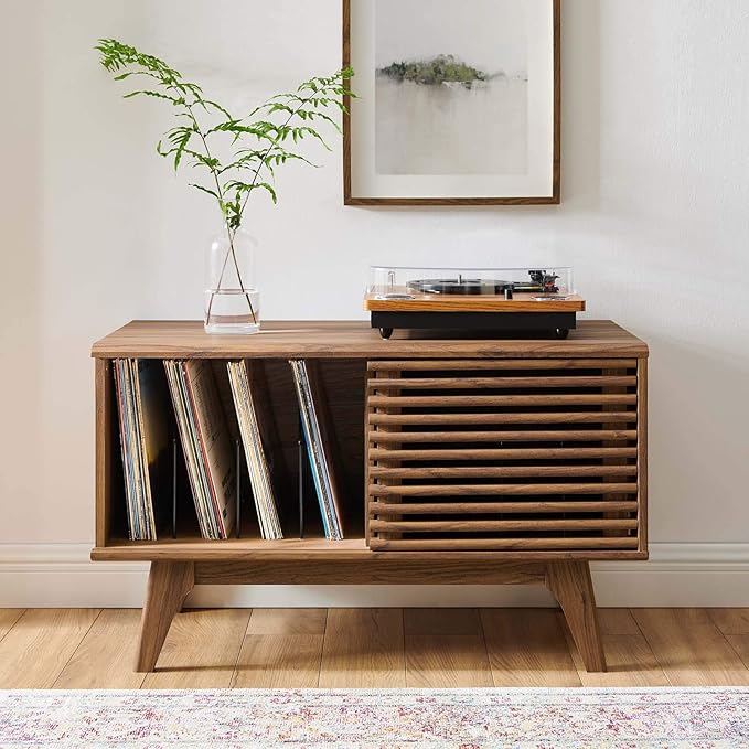 Modway Render Mid-Century Modern Low Profile 59 Inch TV Stand in Walnut & Render Mid-Century Modern 37" Vinyl Record Display Stand in Walnut, 37 Inch - LeafyLoom