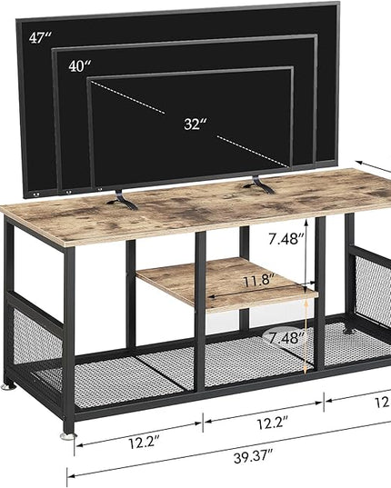 VECELO Industrial, Media Console Table up to 47 inch Television,3-tier Mesh/Wood Storage Shelves for Living Room/Bedroom, 39 inch TV Stand, Grey - LeafyLoom