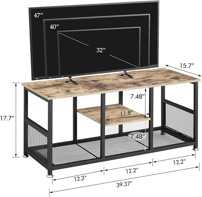 VECELO Industrial, Media Console Table up to 47 inch Television,3-tier Mesh/Wood Storage Shelves for Living Room/Bedroom, 39 inch TV Stand, Grey - LeafyLoom