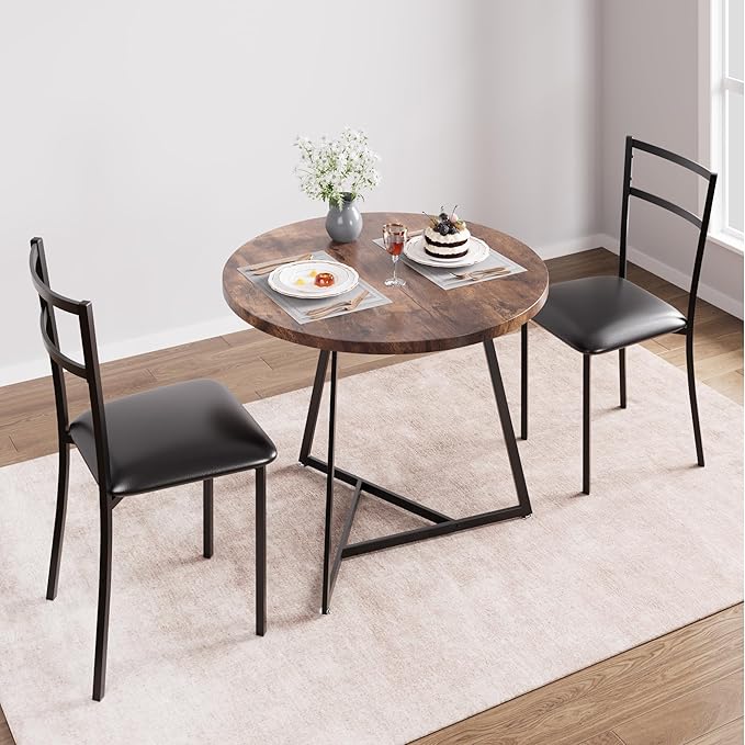 GAOMON Round Dining Table Set for 2 with Cushion Chairs, 3 Piece Kitchen Table and Upholstered Chairs Circular, Wood Dinning Room Table Furniture Set for Kitchen Apartment, Rustic Brown - LeafyLoom