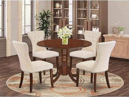 East West Furniture Dublin 5 Piece Room Set Includes a Round Dining Table with Dropleaf and 4 Light Beige Linen Fabric Upholstered Chairs, 42x42 Inch, DLGA5-MAH-32 - LeafyLoom