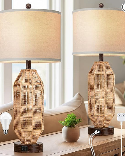 27.5” Tall Rattan Table lamps Set of 2, Wicker Lamps with USB C+A Ports, Farmhouse Boho Bedside Lamps with Linen Lampshade, Rotary Switch Nightstand Lamps for Bedroom Living Room A19 LED Bulb Included - LeafyLoom