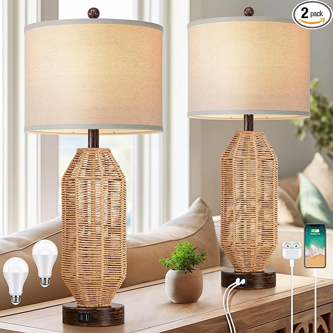 27.5” Tall Rattan Table lamps Set of 2, Wicker Lamps with USB C+A Ports, Farmhouse Boho Bedside Lamps with Linen Lampshade, Rotary Switch Nightstand Lamps for Bedroom Living Room A19 LED Bulb Included - LeafyLoom