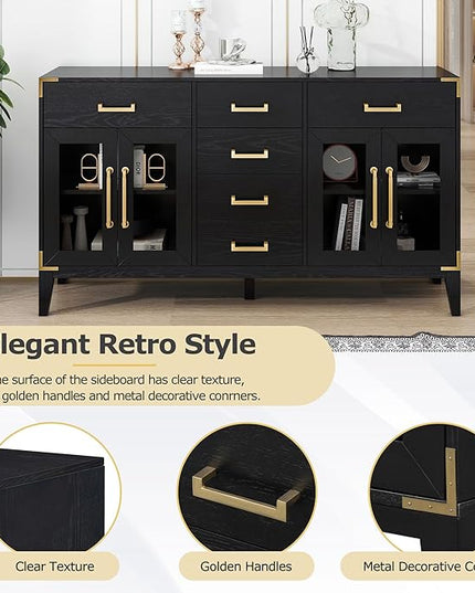 60" Retro Sideboard with 6-Drawer and 2-Cabinet,Multifunctional Buffet,w/Gold Handles & Solid Wood Legs,Extra Large Storage Space,for Kitchen and Living Room,Black - LeafyLoom