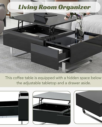 Lift Top Coffee Table, 45 Inch Contemporary Center Table with Drawer and Metal Frame Legs, High-Gloss Surface Coffee Tables for Living Room, Black - LeafyLoom
