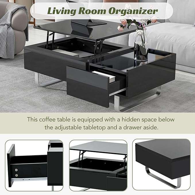 Lift Top Coffee Table, 45 Inch Contemporary Center Table with Drawer and Metal Frame Legs, High-Gloss Surface Coffee Tables for Living Room, Black - LeafyLoom