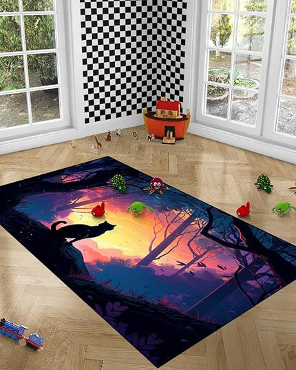 Magic Black Cat Rug - Moon Cat Rug for Girls Room Forestscape Cat Area Rug Black Cat Door Mat Colorful Rug with Black Cat Pattern, 3x5 Feet - LeafyLoom