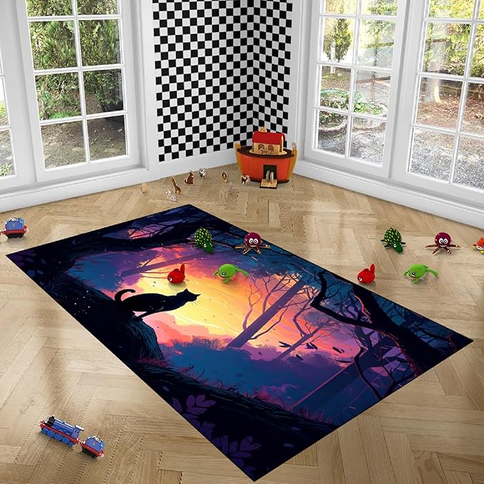 Magic Black Cat Rug - Moon Cat Rug for Girls Room Forestscape Cat Area Rug Black Cat Door Mat Colorful Rug with Black Cat Pattern, 4.5x6 Feet - LeafyLoom