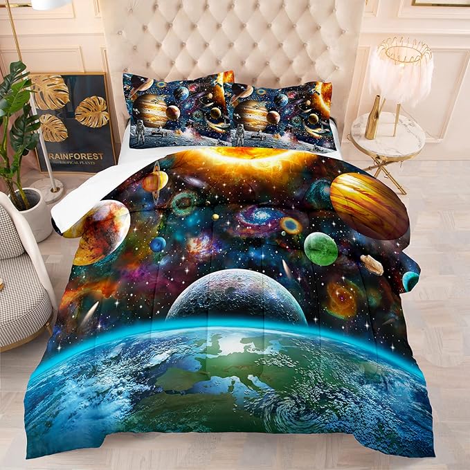 Tailor Shop Universe Galaxy Comforter Set for Girls Boys Kids Galaxy The Planet The Earth Astronaut Stars Outer Space Bedding Set Queen Size with 1 Comforter 2 Pillowcases,18… - LeafyLoom