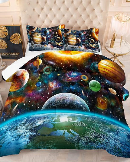 Tailor Shop Universe Galaxy Comforter Set for Girls Boys Kids Galaxy The Planet The Earth Astronaut Stars Outer Space Bedding Set Twin Size with 1 Comforter 1 Pillowcase - LeafyLoom