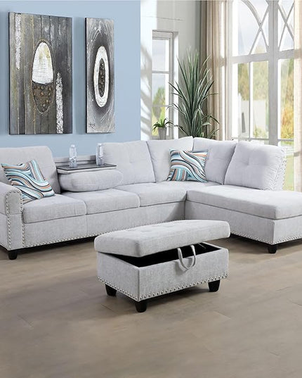 ROOMTEC L Shaped Sectional Sofa Set with Storage Ottoman,Right Facing Chaise Longue, Reversible Backrest w/ 2 Cup Holders, Flannel Tufted Cushions, for Living Room, Apartment, Grey White - LeafyLoom