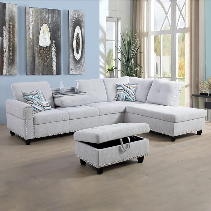 ROOMTEC L Shaped Sectional Sofa Set with Storage Ottoman,Right Facing Chaise Longue, Reversible Backrest w/ 2 Cup Holders, Flannel Tufted Cushions, for Living Room, Apartment, Grey White - LeafyLoom