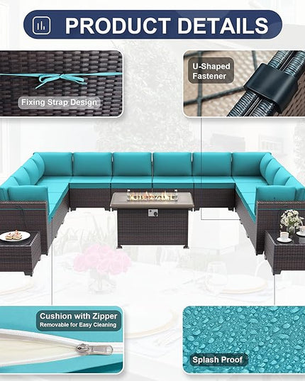 Patio Furniture Set with Fire Pit Table 15 PCS Outdoor Sectional Furniture Outdoor Rattan Patio Conversation Sets with 43in 55,000 BTU Propane Gas Fire Pit Table Glass Table, Blue - LeafyLoom