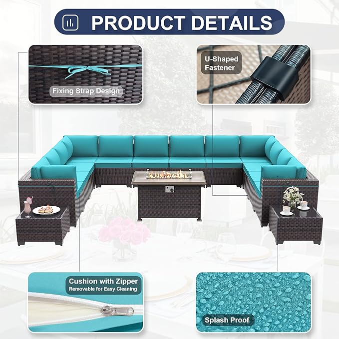 Patio Furniture Set with Fire Pit Table 15 PCS Outdoor Sectional Furniture Outdoor Rattan Patio Conversation Sets with 43in 55,000 BTU Propane Gas Fire Pit Table Glass Table, Blue - LeafyLoom