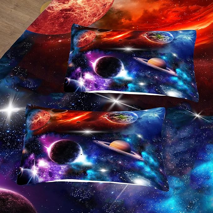 NINENINE Space Bedding Set Full Size for Girls Boys Kids,Purple Galaxy Comforter Set Outer Space Earth Planets Stars Theme Solar Galaxy Bedding System Bed Set with 1 Space Comforter 2 Pillowcases… - LeafyLoom