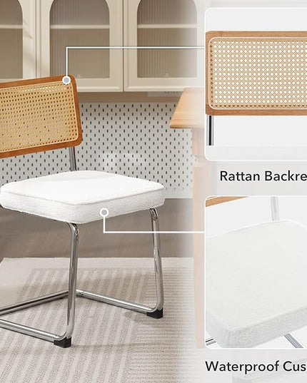 Rattan Dining Chairs Set of 2, Mid Century Modern Sherpa Dining Room Kitchen Chairs with Cane Back, Metal Chrome Legs, Upholstered Wicker Armless Accent Chairs, White - LeafyLoom