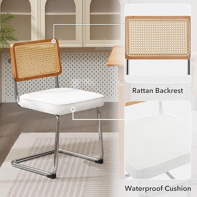 Rattan Dining Chairs Set of 2, Mid Century Modern Sherpa Dining Room Kitchen Chairs with Cane Back, Metal Chrome Legs, Upholstered Wicker Armless Accent Chairs, White - LeafyLoom