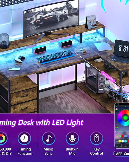 L Shaped Desk with 3 Drawer & 3 Open Shelf, Computer Desk with LED Lights & Power Outlets, Home Office Desk with Reversible Storage Shelves & Monitor Stand, Corner Desk for Small Space - LeafyLoom