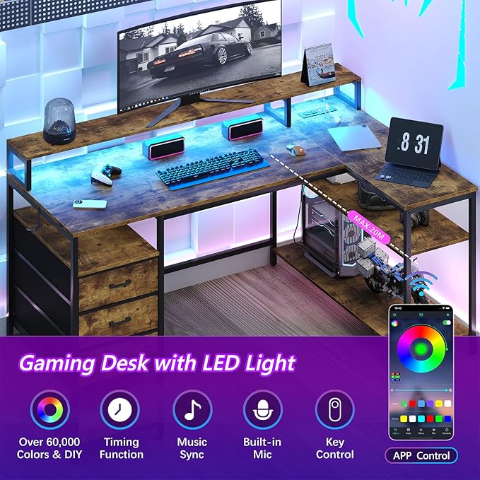 L Shaped Desk with 3 Drawer & 3 Open Shelf, Computer Desk with LED Lights & Power Outlets, Home Office Desk with Reversible Storage Shelves & Monitor Stand, Corner Desk for Small Space - LeafyLoom