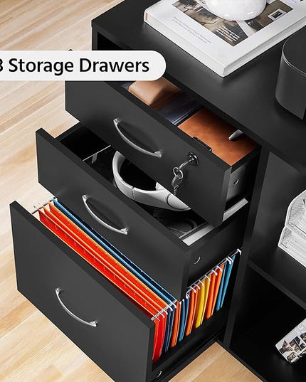 Yaheetech Black File Cabinet with Lock for Letter, A4 Size,3 Drawer Lateral Filing Cabinet Printer Stand with Open Storage Compartments,Mobile Filing Cabinet for Home Office, Black - LeafyLoom