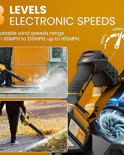 Leaf Blower Cordless, 580CFM/160MPH & 3 Speed Levels, Electric Cordless Leaf Blower with 2 * 4.0Ah Battery Powered, Blowers for Lawn Care, Blower with Extension Nozzle - LeafyLoom