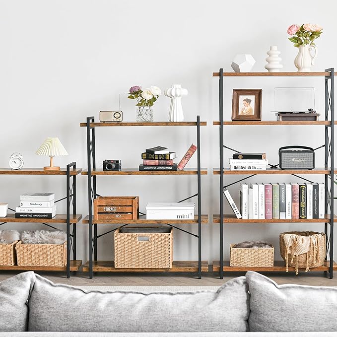HCHQHS Bookshelf, 5-Tier Industrial Bookcase, Rustic Open Book Shelf, Freestanding Tall Bookshelves with Metal Frame - LeafyLoom