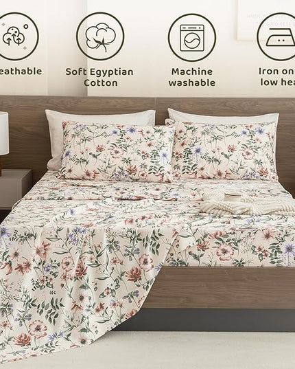 QSH Floral Egyptian Cotton Sheets King Size - Pink Flowers Green Leaves Pattern Printed Bedding King Size Bed Sheets 17.5" Extra Deep Pocket 4pcs - LeafyLoom