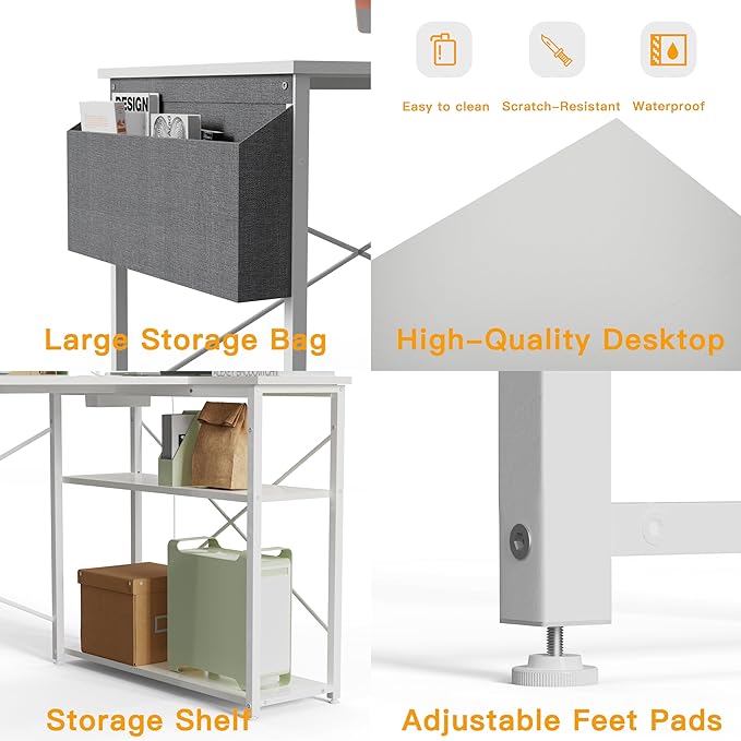 Small Computer Desk with Power Outlets, 40 Inch L Shaped Desk with Reversible Shelves, Gaming Desk Corner Desk Study Writing Desk for Home Office Bedroom Small Space, White - LeafyLoom