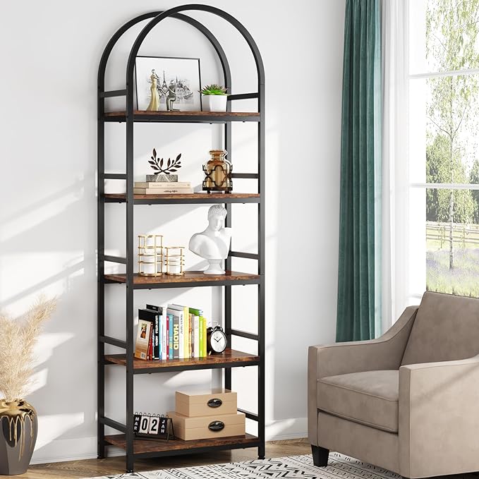 Tribesigns 5-Tier Open Bookshelf, 74.4" Wood Bookcase Storage Shelves with Metal Frame, Freestanding Display Rack Tall Shelving Unit for Office, Bedroom, Living Room, Easy Assembly(Brown, 1PC) - LeafyLoom
