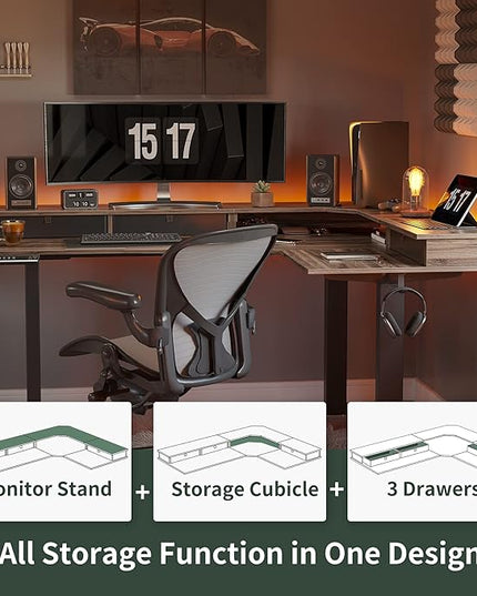 FEZIBO Triple Motor 63" L Shaped Standing Desk with 3 Drawers, Electric Gaming Desk Adjustable Height, Corner Stand up Desk with Splice Board, Black Frame/Black Walnut Top - LeafyLoom