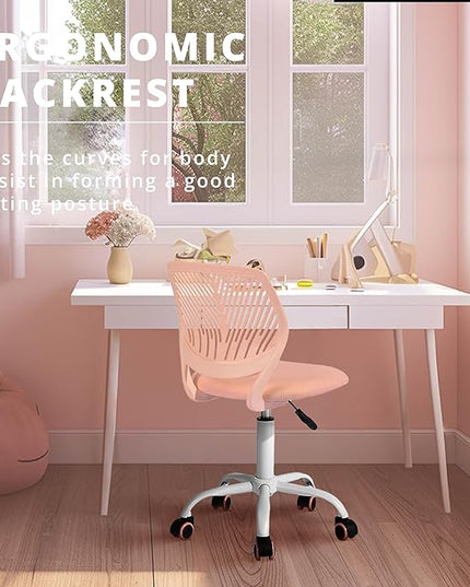 FurnitureR Teens Girls Task Chair 360 Swivel, Low Mid PP Mesh Back Fabric Seat, Height Adjustable, Rolling Castor, W15.7inces x D15.2inces x H29.5-34.2inches (Rose) - LeafyLoom