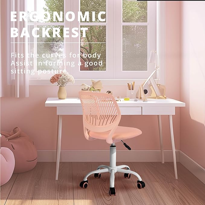 FurnitureR Teens Girls Task Chair 360 Swivel, Low Mid PP Mesh Back Fabric Seat, Height Adjustable, Rolling Castor, W15.7inces x D15.2inces x H29.5-34.2inches (Rose) - LeafyLoom