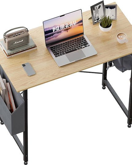 Pamray 32 Inch Computer Desk for Small Spaces with Storage Bag, Home Office Work Desk with Headphone Hook, Small Office Desk Study Writing Table - LeafyLoom