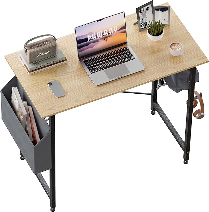 Pamray 32 Inch Computer Desk for Small Spaces with Storage Bag, Home Office Work Desk with Headphone Hook, Small Office Desk Study Writing Table - LeafyLoom