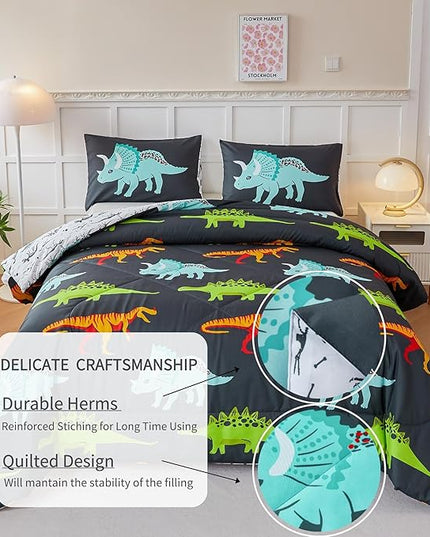 RYNGHIPY Dinosaur Bedding Set Queen Size Dinosaur Kids Comforter Set for Boys Girls Soft Breathable Cute Dinosaur Bed Set for All Season (Black,Queen) - LeafyLoom