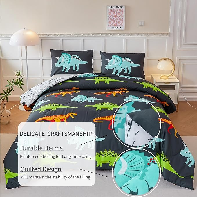 RYNGHIPY Dinosaur Bedding Set Queen Size Dinosaur Kids Comforter Set for Boys Girls Soft Breathable Cute Dinosaur Bed Set for All Season (Black,Queen) - LeafyLoom