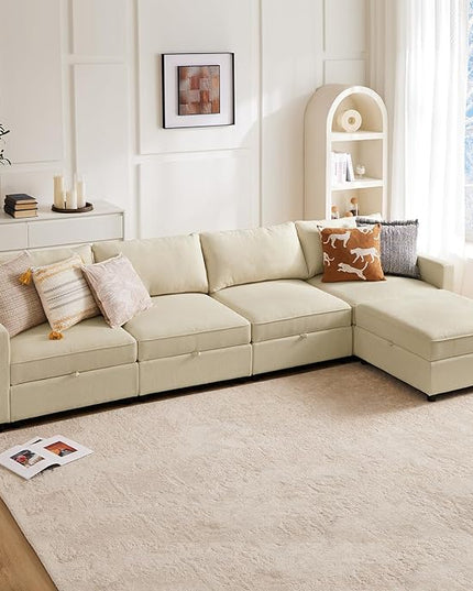 Sweetcrispy Convertible Sectional Sofa Couch, 5 Seat Sofa Set with Storage for Living Room, L-Shaped Modern Modular Sofa Sleeper with Ottoman, Comfy Sofa Couch with Extra Deep Seats, Beige - LeafyLoom