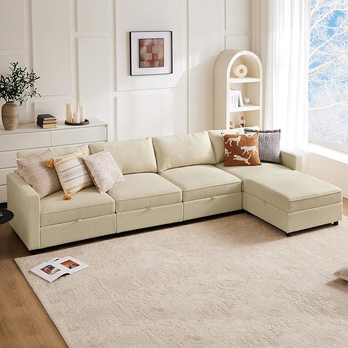 Sweetcrispy Convertible Sectional Sofa Couch, 5 Seat Sofa Set with Storage for Living Room, L-Shaped Modern Modular Sofa Sleeper with Ottoman, Comfy Sofa Couch with Extra Deep Seats, Beige - LeafyLoom