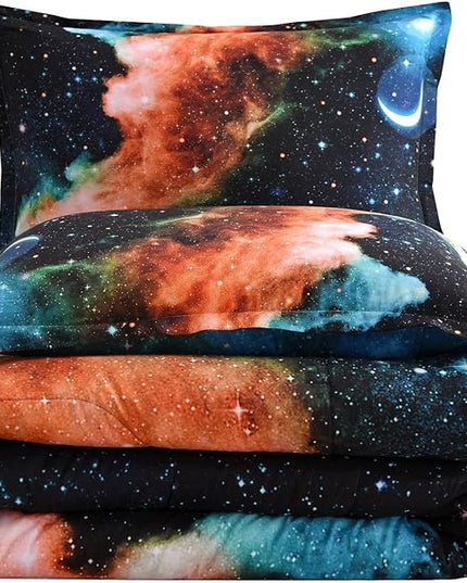 A Nice Night Black and Blue Galaxy Bedding Sets 3D Printed Cloud Quilt Comforter Sets with 2 Bedroom Pillow Covers Twin Size - LeafyLoom