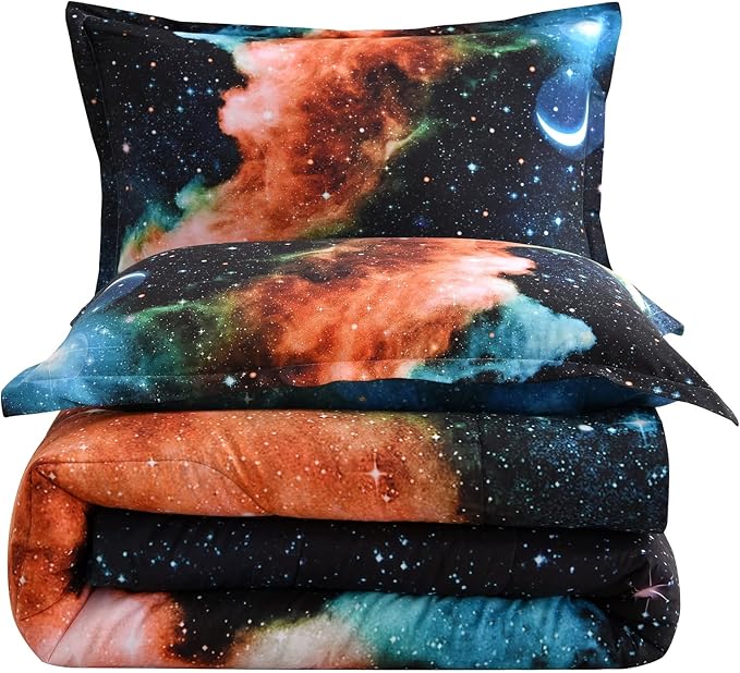 A Nice Night Black and Blue Galaxy Bedding Sets 3D Printed Cloud Quilt Comforter Sets with 2 Bedroom Pillow Covers Twin Size - LeafyLoom