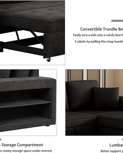 Convertible Futon Bed, Button Tufted Folding Sleeper Adjustable Backrest,Wooden Frame & 2 Pillows Small Sofa & Couches for Living Room,Apartment,Home Decor, Black 104.5" - LeafyLoom