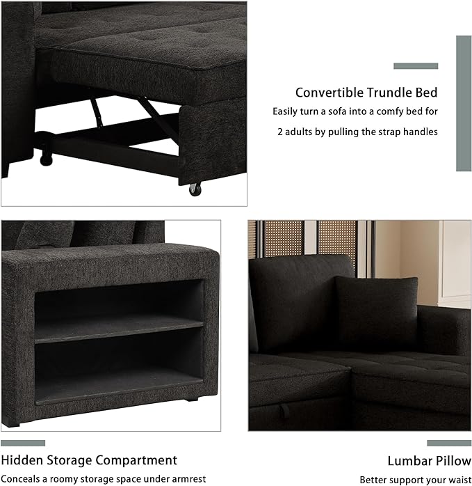Convertible Futon Bed, Button Tufted Folding Sleeper Adjustable Backrest,Wooden Frame & 2 Pillows Small Sofa & Couches for Living Room,Apartment,Home Decor, Black 104.5" - LeafyLoom