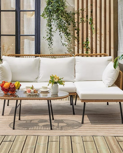 Greesum Outdoor Rope Woven Patio Furniture L-Shaped Conversation Sectional Sofa Set Detachable Lounger for Backyard Porch with Thick Cushions & Long Table, White - LeafyLoom