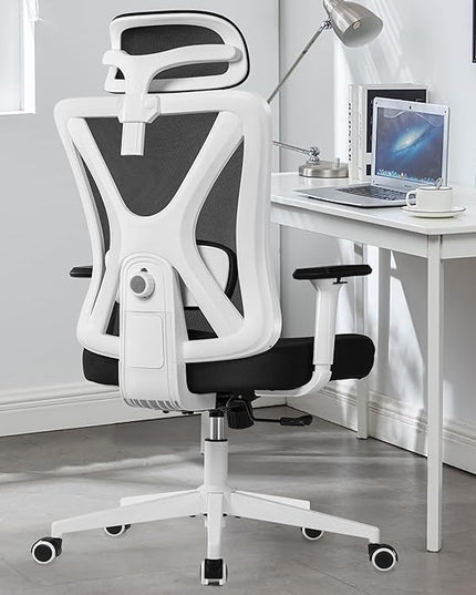 KERDOM Ergonomic Office Chair Desk Chair Comfortable Mesh Gaming Computer Swivel Rolling Chair, High Back Office Chair with Wheels, Headrest, 3D Armrest and Lumbar Support Home Office Desk Chair White - LeafyLoom