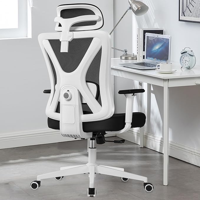 KERDOM Ergonomic Office Chair Desk Chair Comfortable Mesh Gaming Computer Swivel Rolling Chair, High Back Office Chair with Wheels, Headrest, 3D Armrest and Lumbar Support Home Office Desk Chair White - LeafyLoom