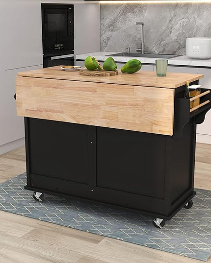 Cart with Rubber Wood Drop-Leaf Countertop and Sliding Barn Door, Rolling Mobile Island on Wheels w/Storage and Towel Rack for Dining Room Kitchen, Black, 52.2 Inch - LeafyLoom