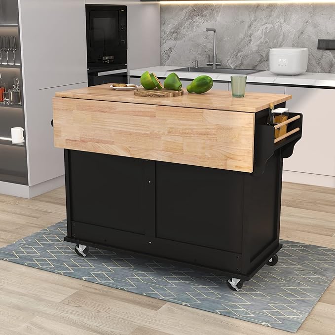 Cart with Rubber Wood Drop-Leaf Countertop and Sliding Barn Door, Rolling Mobile Island on Wheels w/Storage and Towel Rack for Dining Room Kitchen, Black, 52.2 Inch - LeafyLoom