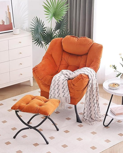 Lazy Chair with Ottoman, Modern Chair with Folding Footrest, Lounge Accent Chair, Comfortable Reading Chair, Oversized Armchairs for Bedroom, Study, Living Room, Courtyard (Orange) - LeafyLoom